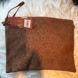 Alfa Brown Embossed Suede Wristlet Clutch with Wrist Strap